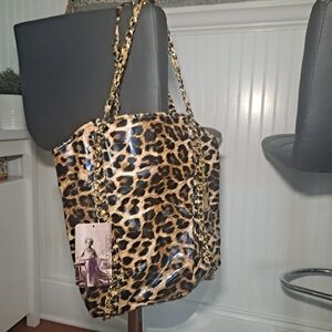 Amrita Singh Leopard Print Tote with Gold Chains